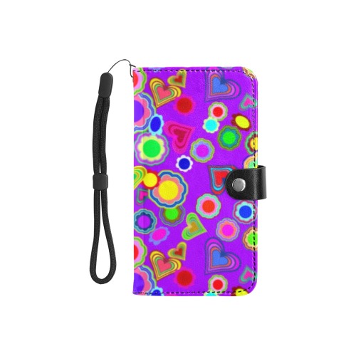 Groovy Hearts and Flowers Purple Flip Leather Purse for Mobile Phone/Small (Model 1704)