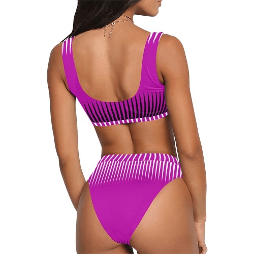 Wave Design Pink and Black Sport Top & High-Waisted Bikini Swimsuit (Model S07)
