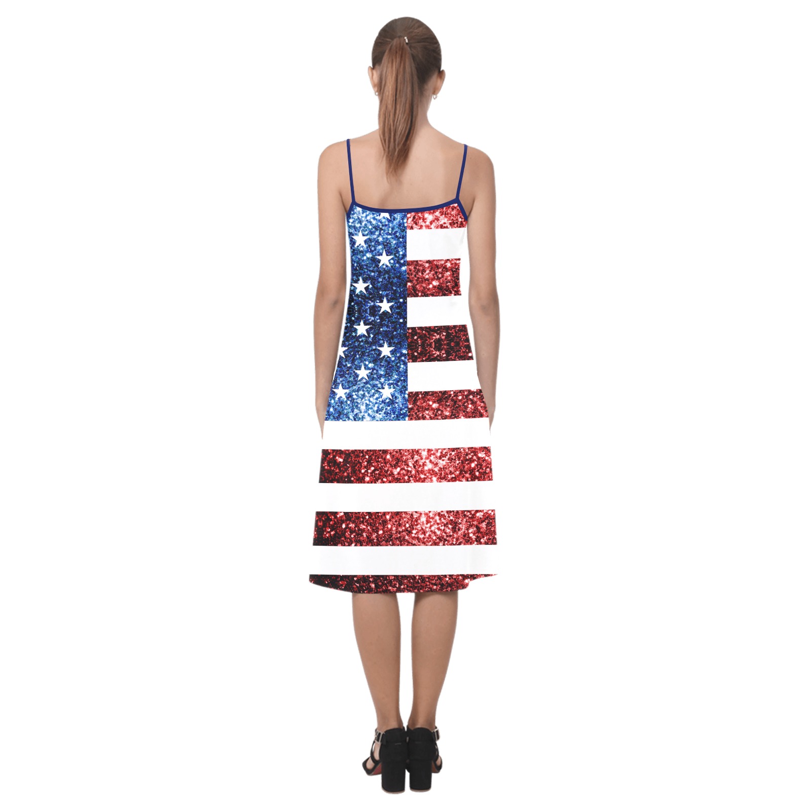 Sparkly USA flag America Red White Blue faux Sparkles patriotic bling 4th of July Alcestis Slip Dress (Model D05)