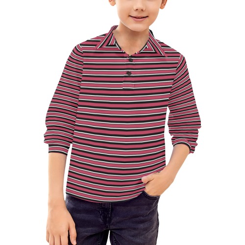 Magenta, Black and White Stripes Big Boys' All Over Print Long Sleeve Polo Shirt (Model T73)