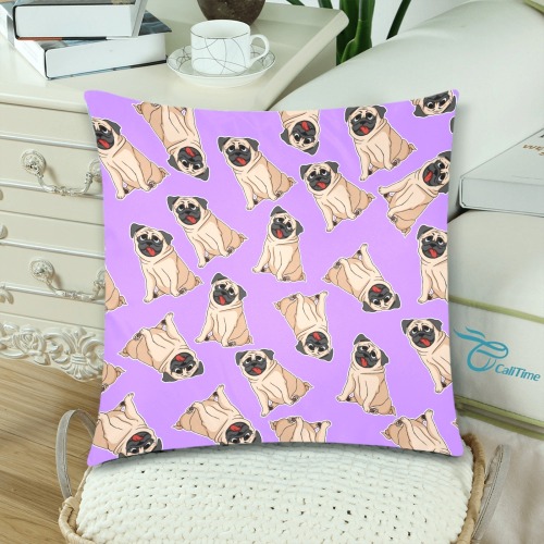 Pugs on Lavender Custom Zippered Pillow Cases 18"x 18" (Twin Sides) (Set of 2)
