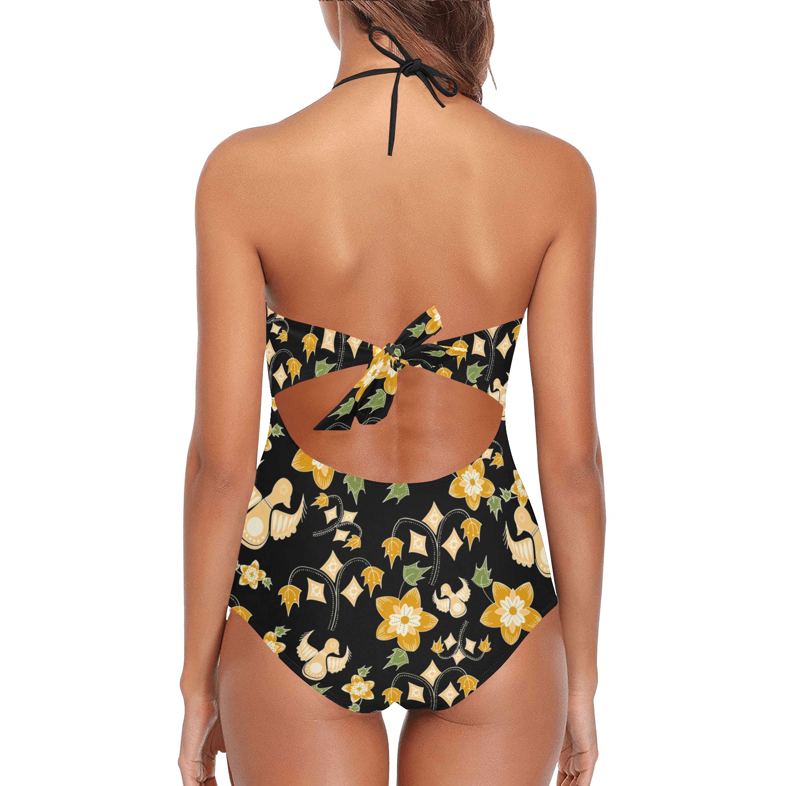 ONE-PIECE VINTAGE FLORAL YELLOW Lace Band Embossing Swimsuit (Model S15)