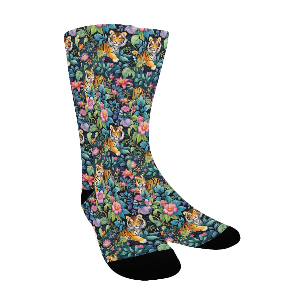Jungle Tigers and Tropical Flowers Pattern Women's Custom Socks