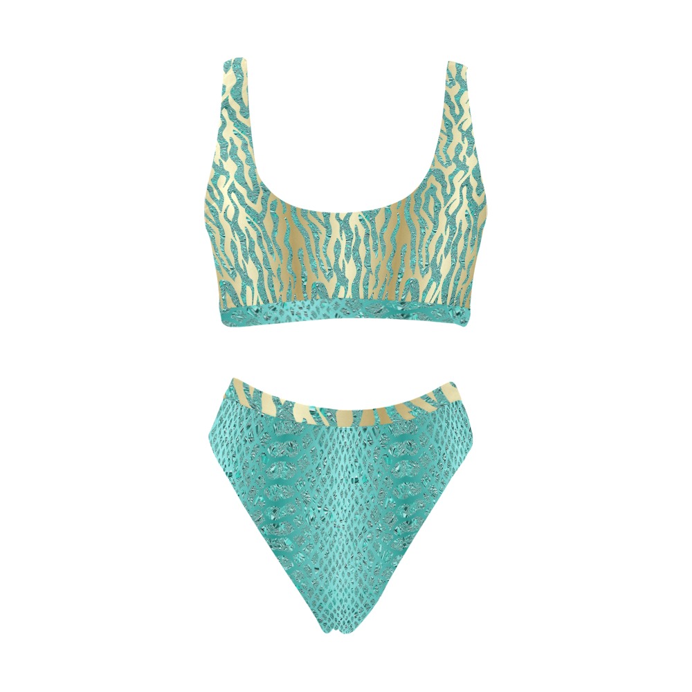 Safari Turquoise Pattern Sport Top & High-Waisted Bikini Swimsuit (Model S07)