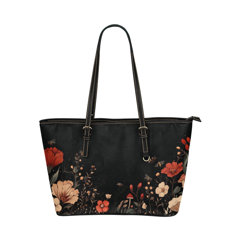 Floral Black v1 Leather Tote Bag/Large (Model 1651)