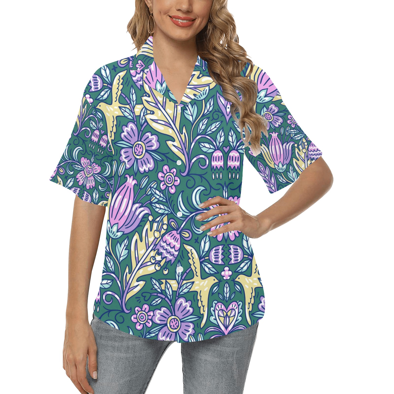 Vintage Tropical Floral All Over Print Hawaiian Shirt for Women (Model T58)