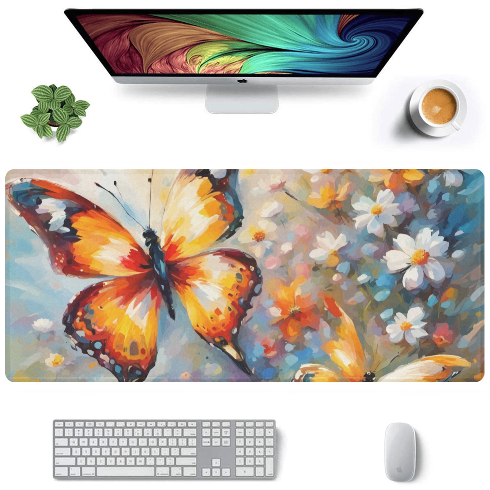 Yellow butterflies, white flowers, fantasy garden Gaming Mousepad (35"x16")