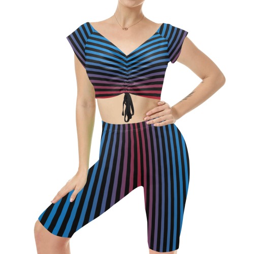 Stripes Fade Blue, Black, Red Women's Crop Top Yoga Set