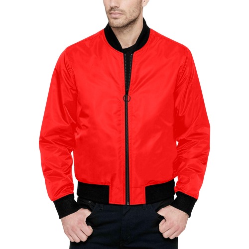 Merry Christmas Red Solid Color All Over Print Quilted Bomber Jacket for Men (Model H33)