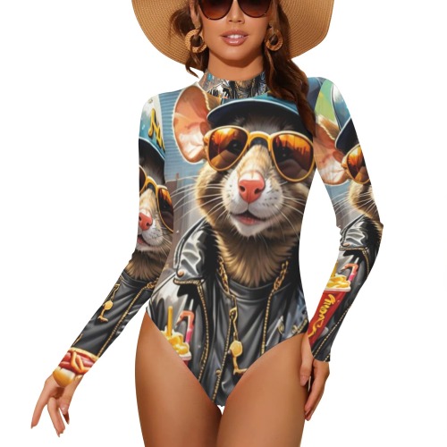 HOT DOG EATING NYC RAT 7 Backless Long Sleeve One-Piece Swimsuit (Model S60)