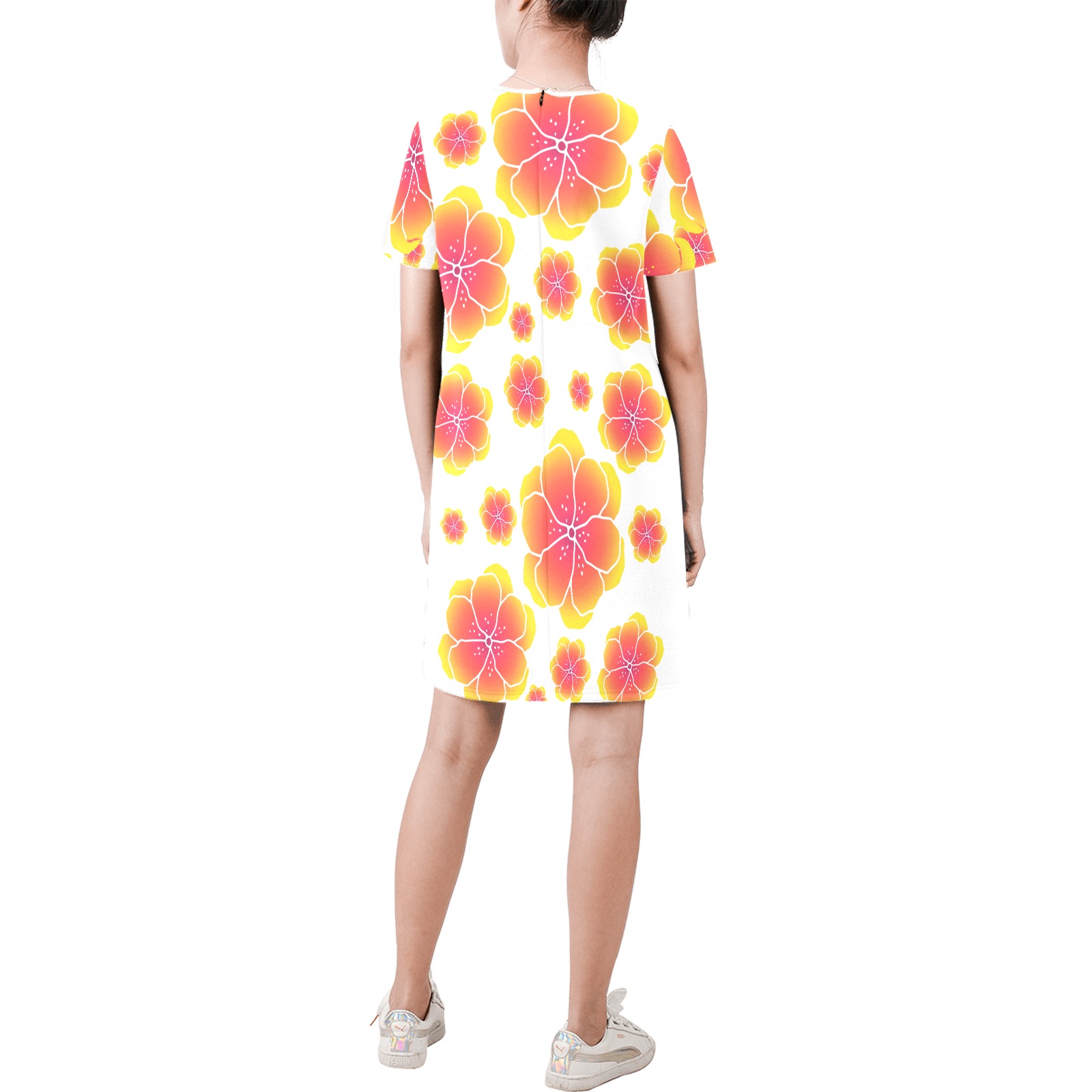 Ô Pink and Yellow Tropical Flowers Short-Sleeve Round Neck A-Line Dress (Model D47)