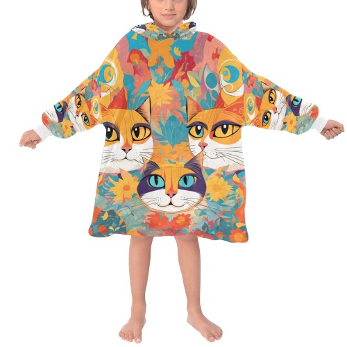 Funny magic cats. Yellow, red, turquoise colors. Blanket Hoodie for Kids