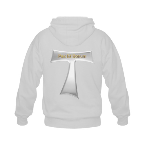 Franciscan Tau Cross Pax Et Bonum Silver Metallic Gildan Full Zip Hooded Sweatshirt (Model H02)