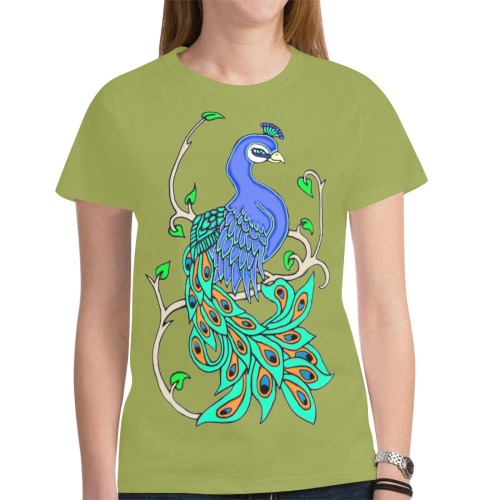 Pretty Peacock Olive Green New All Over Print T-shirt for Women (Model T45)
