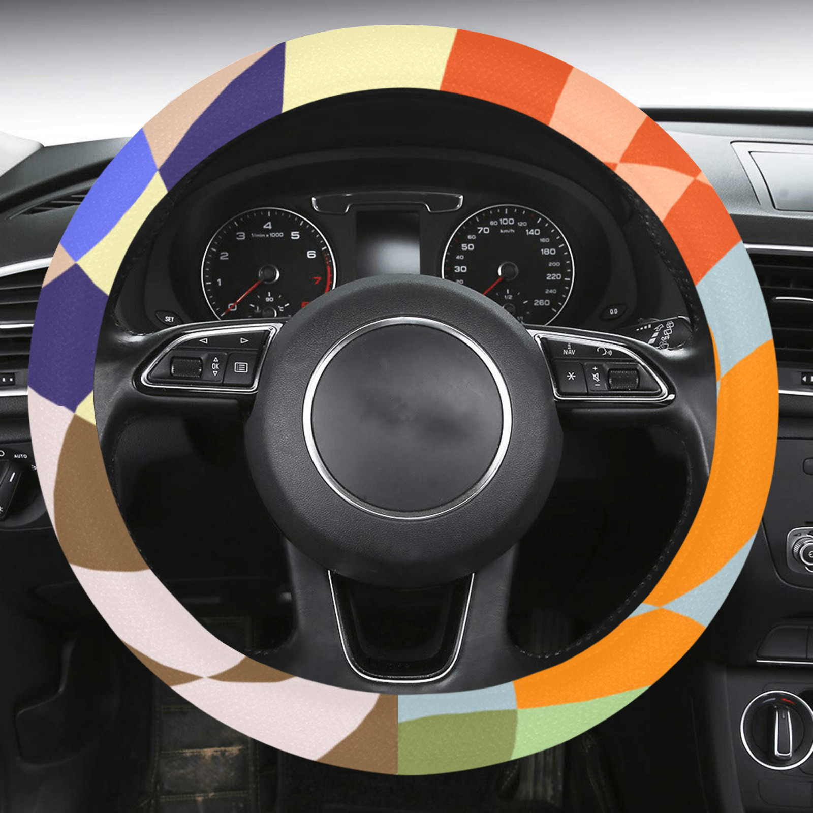 Wavy Groovy Geometric Checkered Retro Abstract Mosaic Pixels Steering Wheel Cover with Anti-Slip Insert