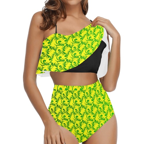 green swirl ylw High Waisted Ruffle Bikini Set (Model S13)