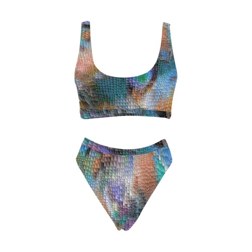 Multi Color Triangles Sport Top & High-Waisted Bikini Swimsuit (Model S07)
