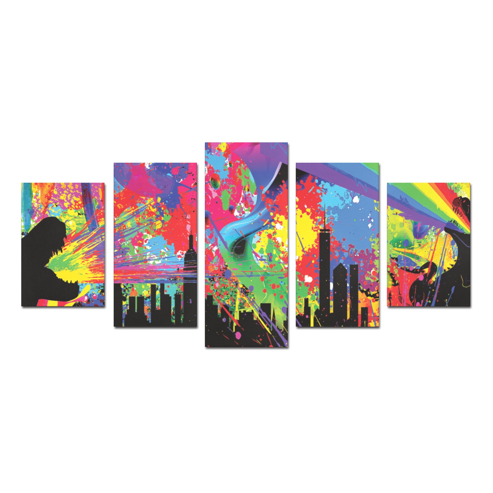 Huge Dino Colorful Paint Splatter City Scape Canvas Print Sets D (No Frame)