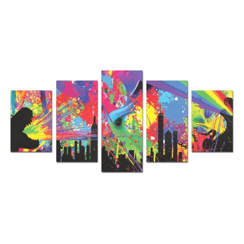 Huge Dino Colorful Paint Splatter City Scape Canvas Print Sets D (No Frame)