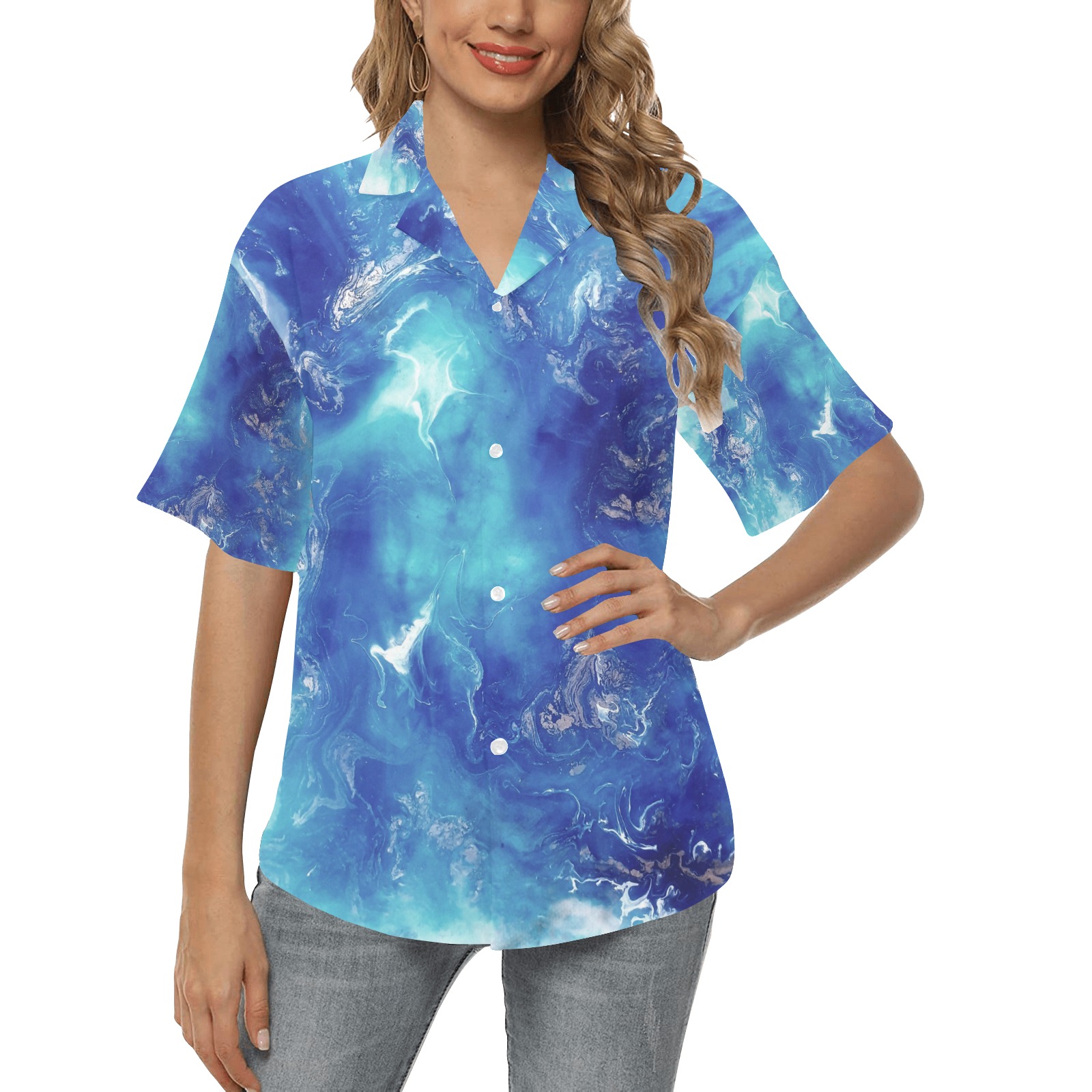Encre Bleu Photo All Over Print Hawaiian Shirt for Women (Model T58)