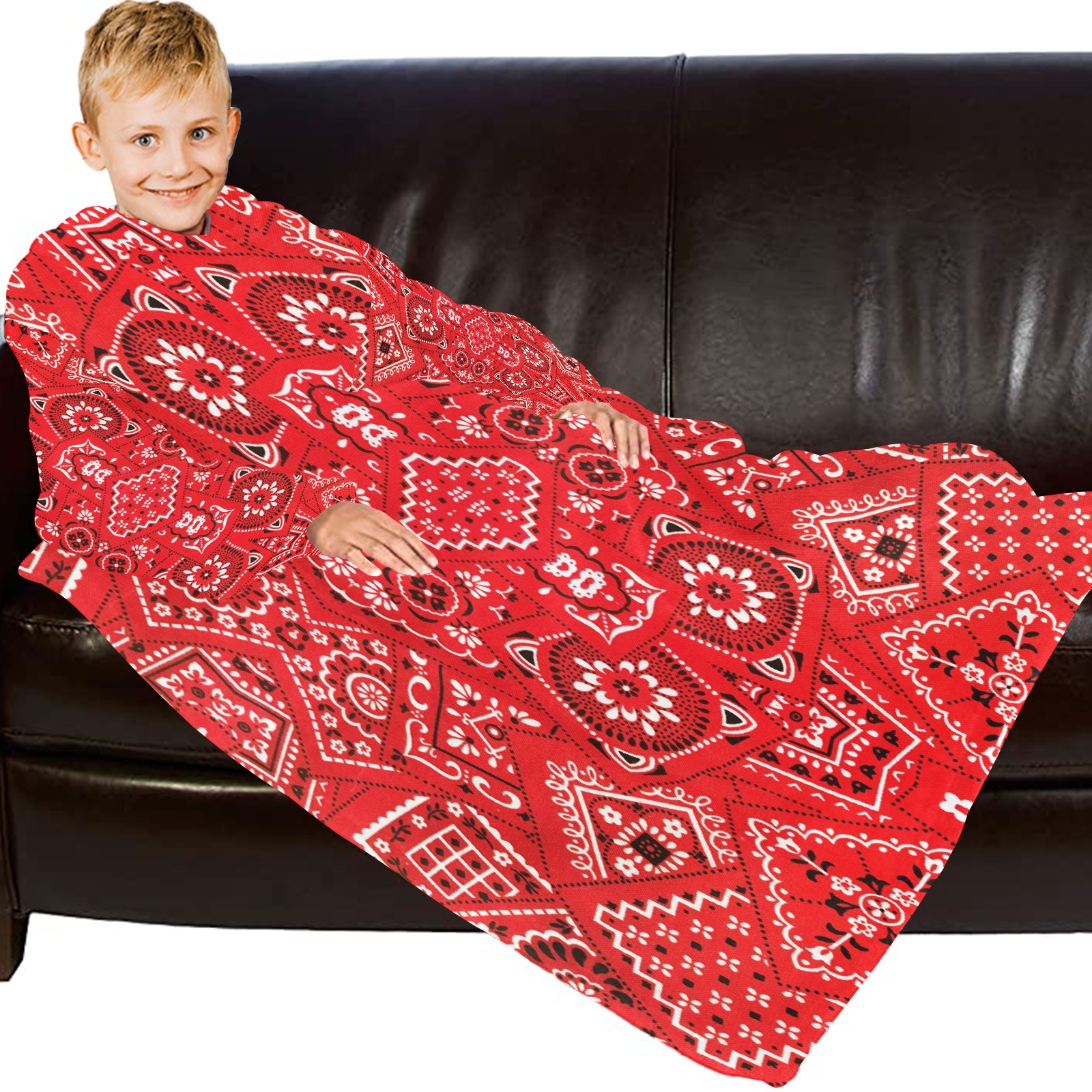 Red Bandana Squares Blanket Robe with Sleeves for Kids