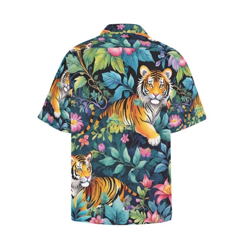 Jungle Tigers and Tropical Flowers Pattern Hawaiian Shirt with Chest Pocket&Merged Design (T58)