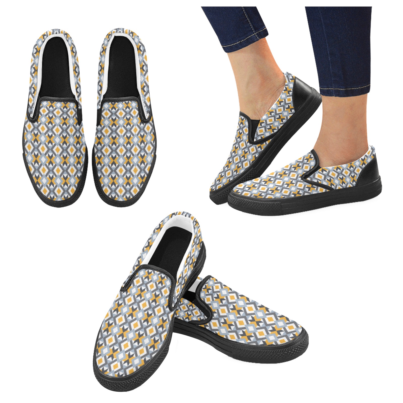 Retro Angles Abstract Geometric Pattern Men's Unusual Slip-on Canvas Shoes (Model 019)