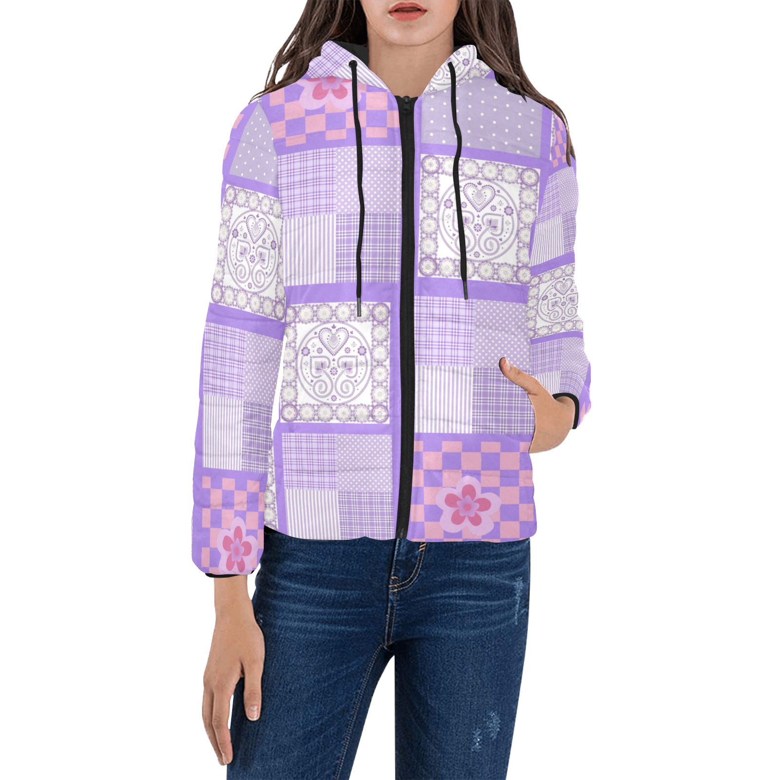 Pink and Purple Patchwork Design Women's Padded Hooded Jacket (Model H46)