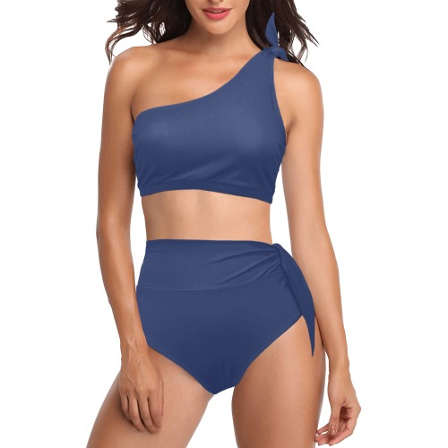 color Delft blue High Waisted One Shoulder Bikini Set (Model S16)