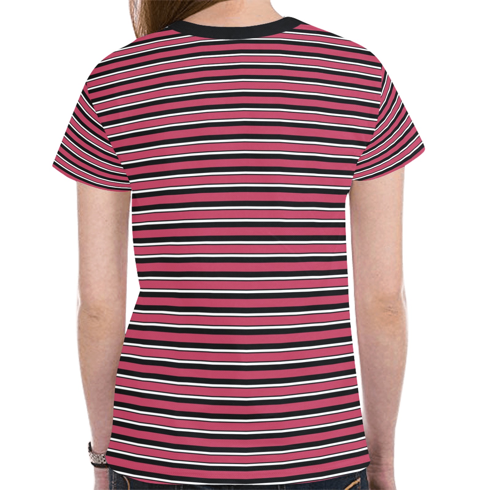 Magenta, Black and White Stripes New All Over Print T-shirt for Women (Model T45)