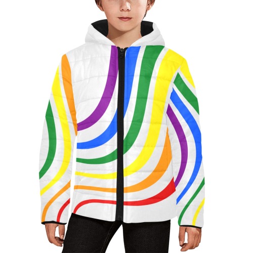 Rainbow Pride Colors White Kids' Padded Hooded Jacket (Model H45)