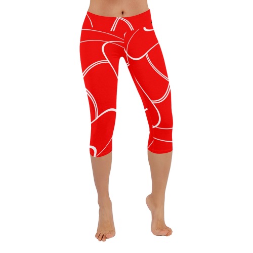 White Interlocking Squares twirled red Women's Low Rise Capri Leggings (Invisible Stitch) (Model L08)