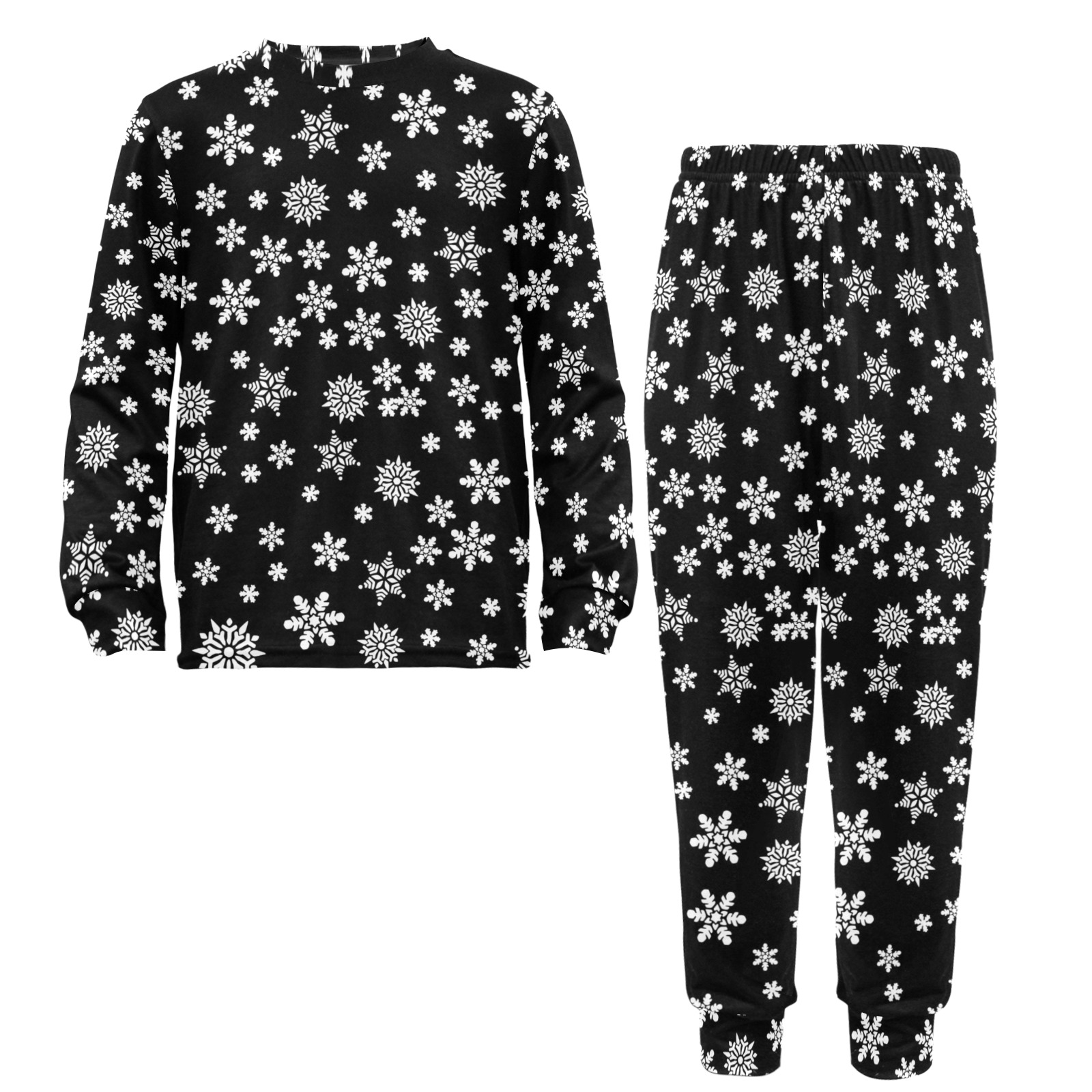 Christmas White Snowflakes on Black Little Girls' Crew Neck Long Pajama Set