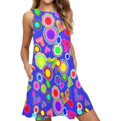 Groovy Hearts and Flowers Blue Sleeveless A-Line Pocket Dress (Model D57)