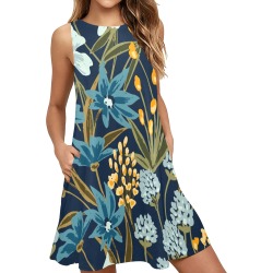 Beautiful Floral Sleeveless A-Line Pocket Dress (Model D57)