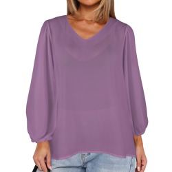 Dahlia Women's Loose V-Neck Long Puff Sleeve Top (Model H70)