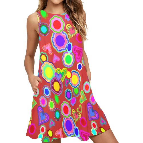 Groovy Hearts and Flowers Red Sleeveless A-Line Pocket Dress (Model D57)