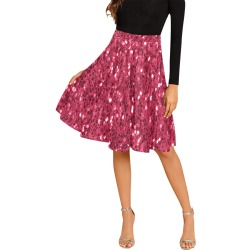 Magenta dark pink red faux sparkles glitter Melete Pleated Midi Skirt (Model D15)