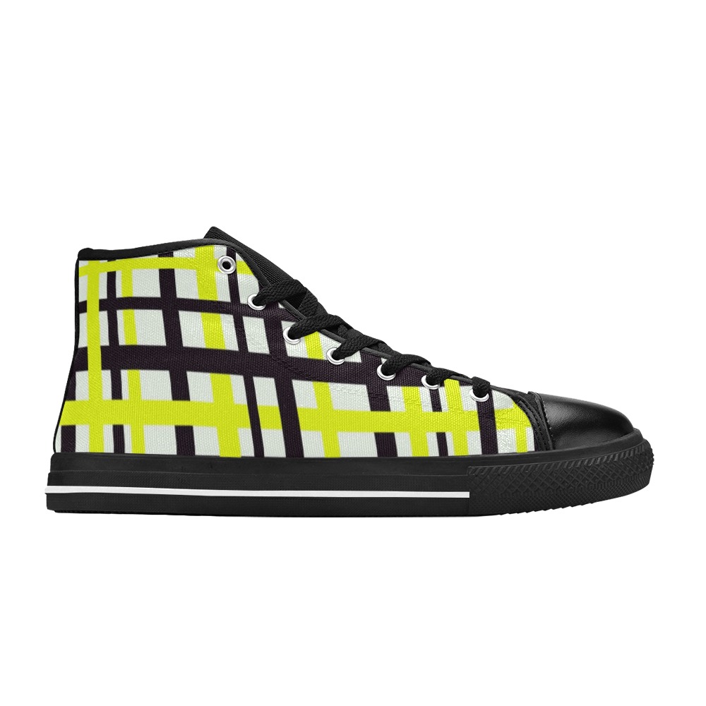 Interlocking Stripes Black White Yellow High Top Canvas Shoes for Kid (Model 017)