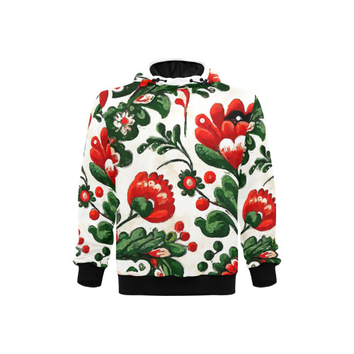 folklore motifs red flowers High Neck Pullover Hoodie for Men (Model H24)
