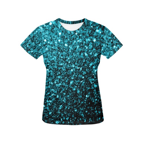 Aqua blue glitters faux sparkles glamorous bling fashion for her All Over Print T-Shirt for Women (USA Size) (Model T40)