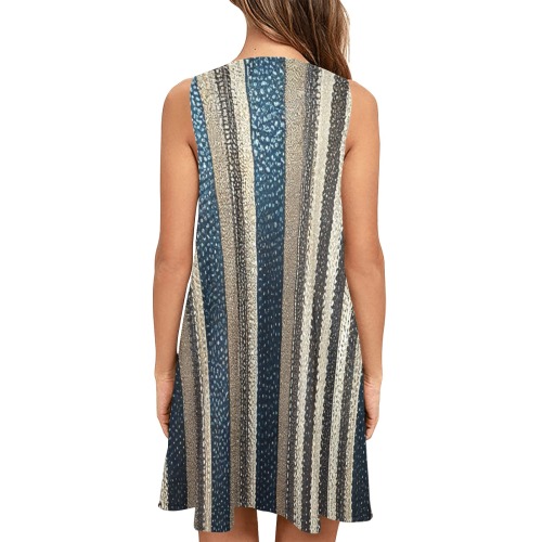 vertical striped pattern, gold, saphire and silver Sleeveless A-Line Pocket Dress (Model D57)