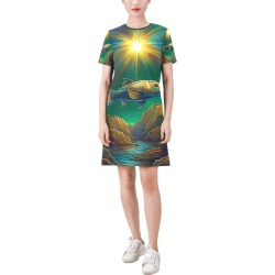 Celestial Swim Short-Sleeve Round Neck A-Line Dress (Model D47)