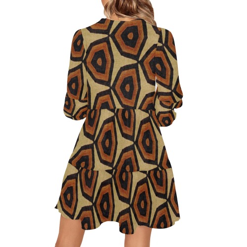 Bogolan Brown Print V-Neck Loose Fit Dress (Model D62)