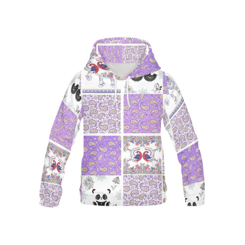 Purple Paisley Birds and Animals Patchwork Design All Over Print Hoodie for Kid (USA Size) (Model H13)