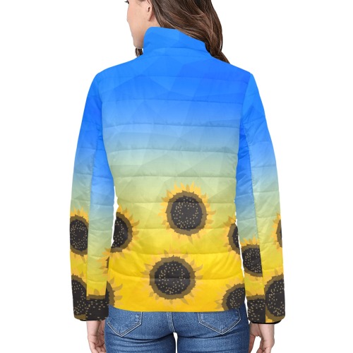 Ukraine yellow blue geometric mesh pattern Sunflowers Women's Stand Collar Padded Jacket (Model H41)