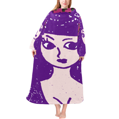purple cat ear hat girl floral wall Blanket Robe with Sleeves for Adults