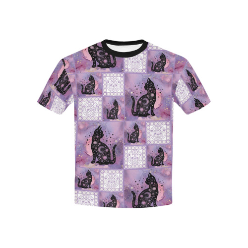 Purple Cosmic Cats Patchwork Pattern Kids' All Over Print T-shirt (USA Size) (Model T40)