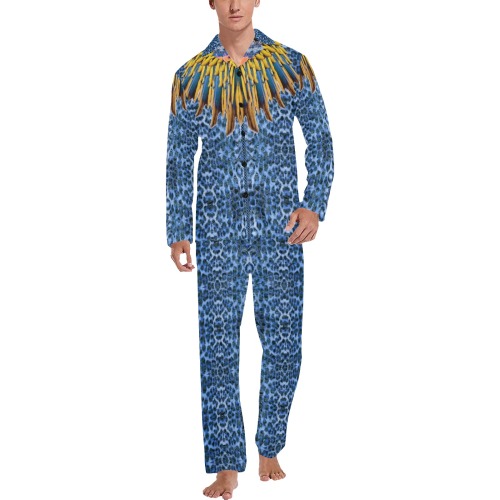 puma black blue Men's V-Neck Long Pajama Set