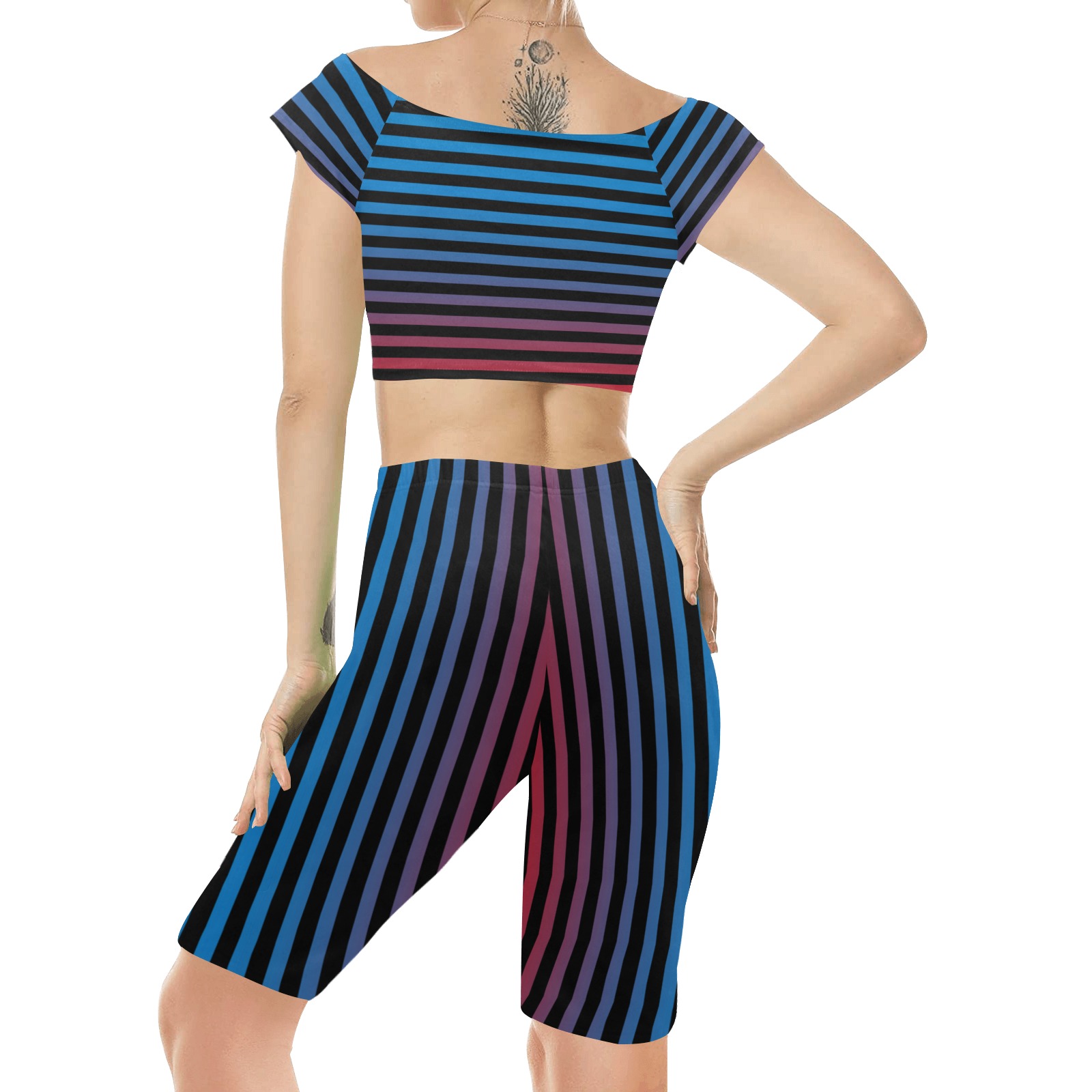Stripes Fade Blue, Black, Red Women's Crop Top Yoga Set